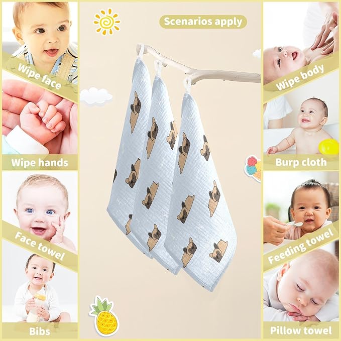 vvfelixl Baby Muslin Washcloths Cute French Bulldog Sleeping Baby Burp Cloths Cotton Baby Face Towel for Newborn Infants Boys Girls Soft and Absorbent 11.8 X 11.8 in, 3 Pack