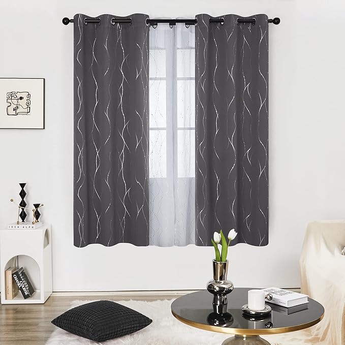 Deconovo Grey Blackout Curtains for Bedroom, Thermal Insulated Soundproof Drapes, Wave Dots Foil Print, 38 x 72 Inches Long, 2 Panels, Machine‑Washable Privacy Window Panel for Living Room Patio Door