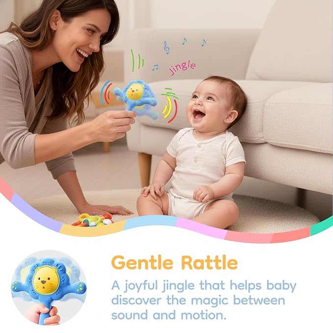 Lion Teething Toys for Babies, Soft Silicone Teether Rattle for Teething Relief 3 5 6 8 9 10 12 18 Months | BPA Free Montessori Sensory Toy for Baby Toddler Motor Skill Development, Blue