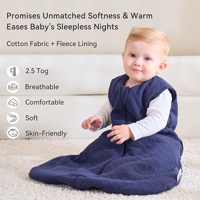 Unnivoll Baby Sleep Sack 0-6 Months TOG 2.5 Winter Baby Wearable Blanket, 100% Cotton Fabric Newborn Infant Sleeping Sack 2-Way Zipper Quilted Baby Sleep Bag, Warm Soft Navy Blue