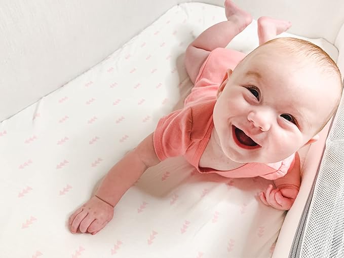 BaeBae Goods Premium Bassinet Fitted Sheet Set - 4 Pack 100% Jersey Knit - Standard Size Oval or Halo Bassinet Pads - Pink Floral