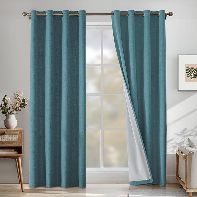 Linen 100% Blackout Curtains for Bedroom, Black Out Curtains 72 Inch Long, Room Darkening Curtains for Living Room, Long Curtain Grommets Drapes, Thermal Curtains(2 Panels, Peacock Blue)