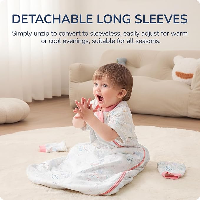 Baby Sleep Sack 18–24 Months, Cotton Sleep Sack with Detachable Long Sleeves, 1.0 TOG Wearable Blanket for Cooler Nights, 2-Way Zipper Toddler Sleeping Sack with Temperature Strip, Garden