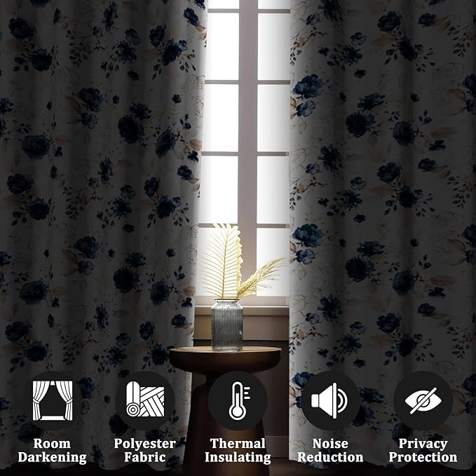 Renaiss Blue and White Floral Blackout Curtains Gold Line Rose Flowers Thermal Insulated Window Drapes for Bedroom 42W x 96L inches 2 Panel Set Window Curtain Panels for Living Room