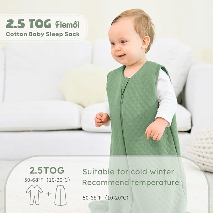 FIEMOL Baby Sleep Sack 0-6 Months 2.5 TOG, Winter Cotton Sleep Sacks Newborn and Infant, Warm Quilted Baby Wearable Blanket, Newborn Sleeping Bag with 2-Way Zipper Green 1 Pack