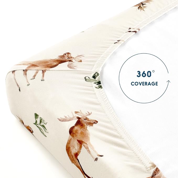 GRSSDER Stretchy Ultra Soft Jersey Knit Pack and Play Sheets 2 Pack, Portable/Mini Crib Sheets Universal Fitted for Playpen Mattress Safe and Snug, Elk Print