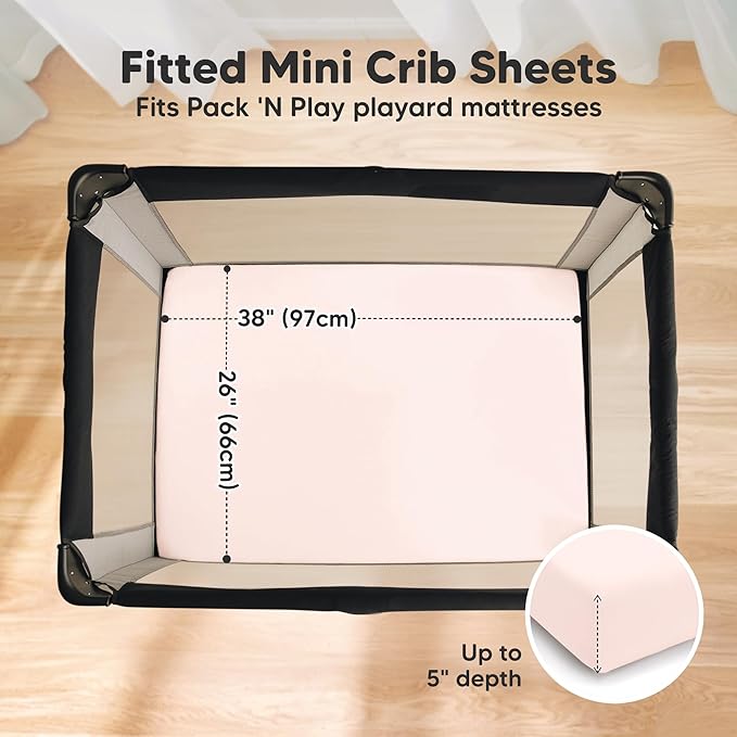 2 Pack and Play Sheets, Waterproof Mini Crib Sheets Fitted - 38x26 Organic Cotton Pack N Play Sheets for Graco Pack and Play Mattress, Playard Baby Crib Sheets,Neutral for Boy,Girl,Toddler(Mist Rose)