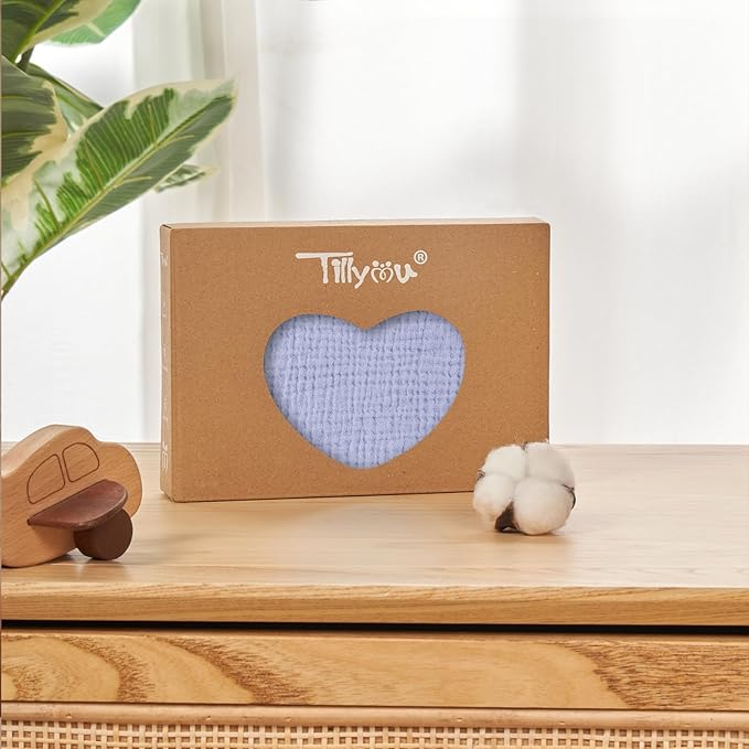 TILLYOU Muslin Mini Crib Sheets 2 Pack, Pack and Play Mattress Sheets Fitted for Pack N Play, 38 x 26 Sheet for Toddler, Grey and Blue