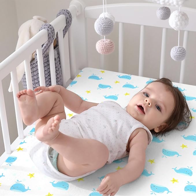 Pack n Play Fitted Sheet. 2 Piece Mini Crib Sheet. Elastic Playard Sheet. Portable Sheet Set. Elastic Convertible Playard Set. Compatible with Graco Pack n Play. (Baby Whale and Hedgehog)
