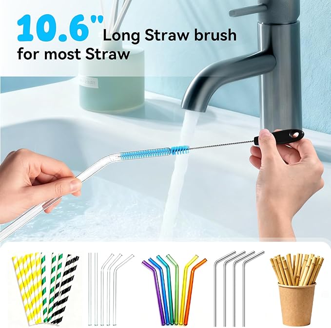 TOOUT Bottle Brush Set with Straw Cleaner Brush and 3 in 1 Cup Lid Cleaning Brush, Water Bottle Cleaner with Long Handle for Cleaning Narrow Neck Beer, Cup, Wine Glasses, Tumblers, Baby Bottles