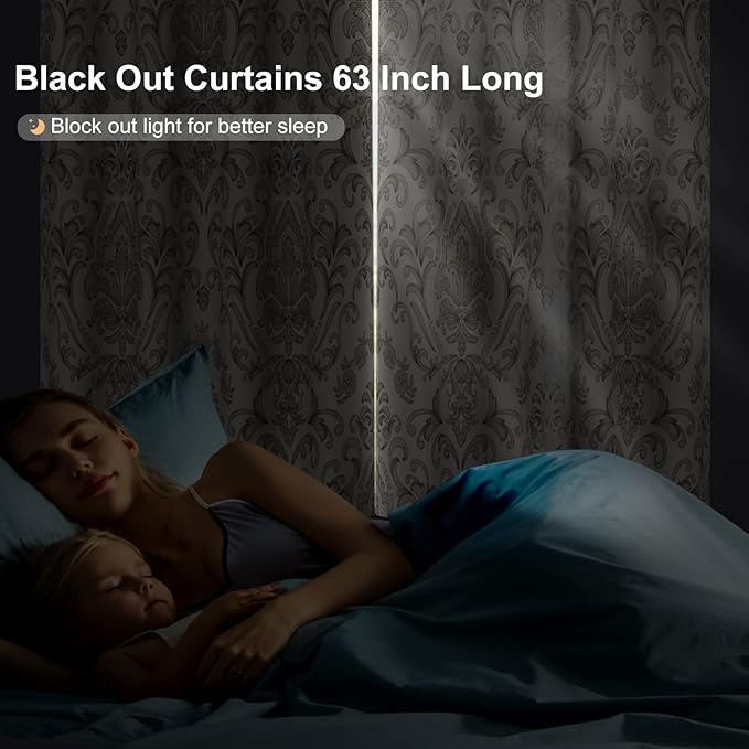 Beige Blackout Curtains for Bedroom and Living Room, Vintage Damask Patterned Black Out Curtains 63 Inch Long 2 Panels Set, Room Darkening Thermal Insulated Privacy Soundproof Window Drapes for Winter