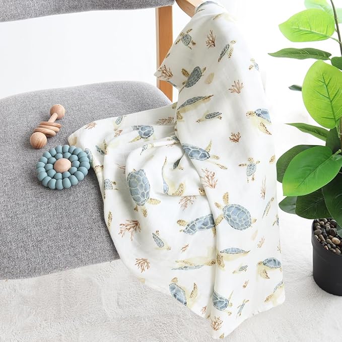 LifeTree Baby Swaddle Blanket, 70% Viscose from Bamboo and 30% Cotton Muslin Swaddles Blankets Boys Girls, Sea Turtle Swaddling Blanket for Newborn, Super Soft Large 47" x 47"