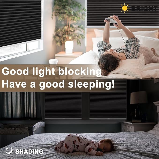 MYshade Cordless Blackout Cellular Shades, 1.5" Honeycomb Window Blinds for Bedroom & Nursery, Thermal Insulated, Noise Reducing, Privacy Shades, Inside or Outside Mount (27" W x 64" H, Black)