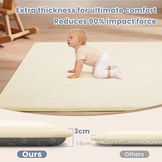 ACOMOPACK 1.3" Thick Baby Play Mat for Floor 59x71"-Large Water-Repellent&Non-Slip Memory Foam Mat for Kids,Toddlers,Soft Velvet Nursery Rug for Tummy Time&Crawling,Yoga,Tatami Style(Beige)
