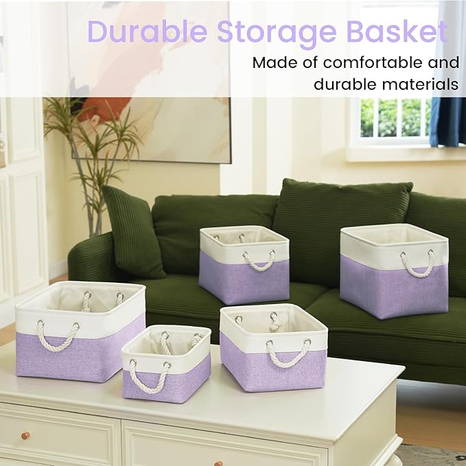 Large Storage Baskets- 16x12x12 inch Storage Bins for Shelves and Closet Organizing, Foldable Fabric Bin for Home Organization Clothes and Laundry (1-Pack, White&Purple)