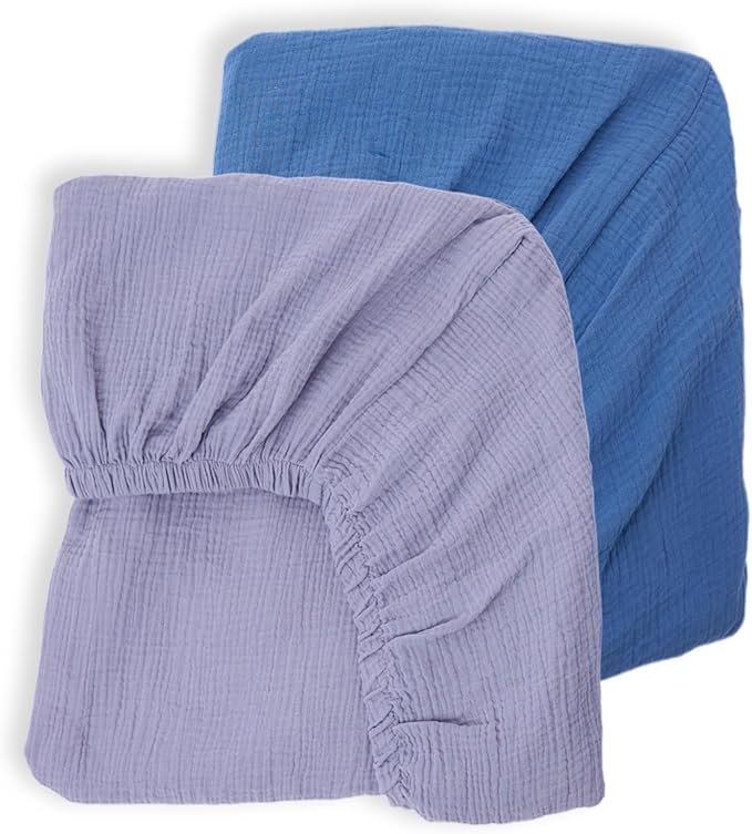 Muslin Neutral Crib Sheets for Boys & Girls 2 Pack Blue Set 28"x 52" Rutiwa Soft Breathable Baby Sheets for Crib Organic Cotton Fitted Sheets for Toddler Bed & Standard Crib Mattress Boho Style