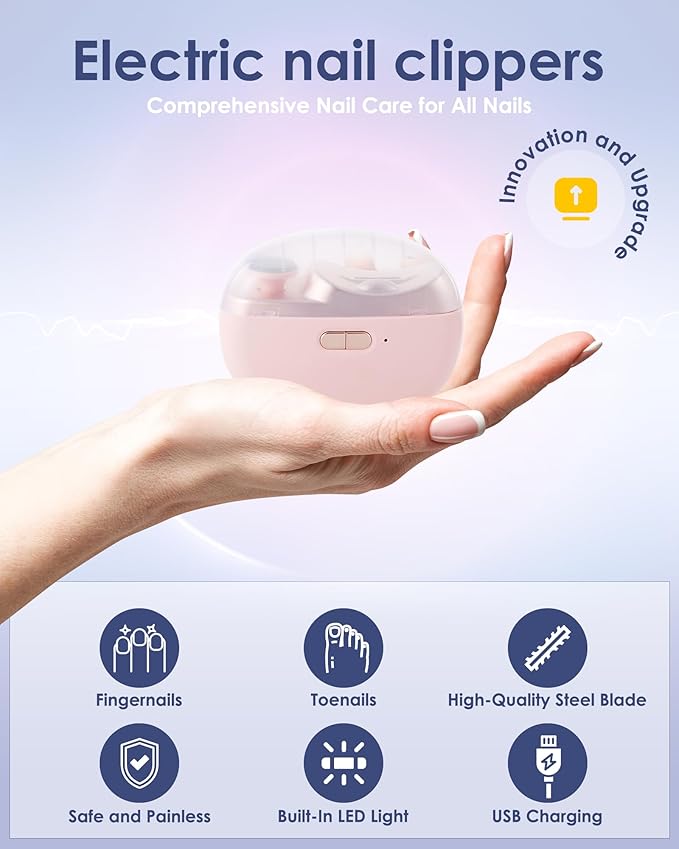 Electric Nail Clipper Upgraded 3 in 1 Automatic - with Polishing, Dust Storage & LED Light, Nail File Toenail Trimmer, Gifts for Women Men Mom Her Him Kids Adults Senior Baby Teacher Students (Pink)
