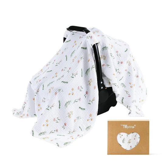 TILLYOU Baby Car Seat Cover, Breathable Muslin Cotton Infant Car Seat Cover, Lightweight Canopy with Sun and Bug Protection(Daisy)