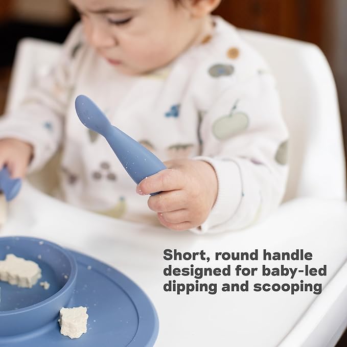 ezpz Tiny Spoon (2 Pack in Pewter) - 6 Months+ - 100% Silicone Spoon for Baby Led Weaning + Purees - Designed by a Pediatric Feeding Specialist - Shower Essentials & Gifts