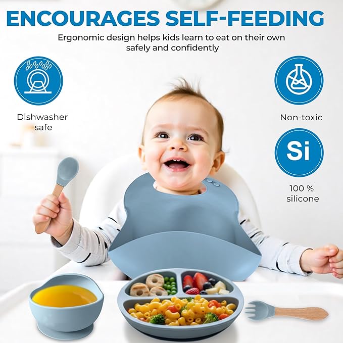 5-Piece Silicone Baby Feeding Set – Suction Bowl, Divided Plate, Adjustable Bib, Spoon & Fork – 100% Food-Grade Silicone, BPA Free, Non-Toxic, Dishwasher & Microwave Safe