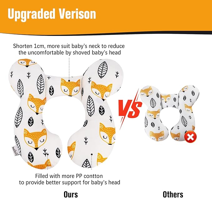 KAKIBLIN Baby Neck Pillow, Upgraded Baby Support Pillow for Head and Neck, Babies Head Pillow for Car Seat, Pushchair,Travel(Yellow Fox)