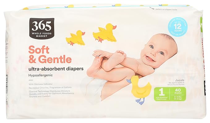 365 by Whole Foods Market, Soft & Gentle Size 1 Diapers with Wetness Indicator, Ultra-Absorbent, Hypo-Allergenic, Ultra-Absorbent, 40 Count