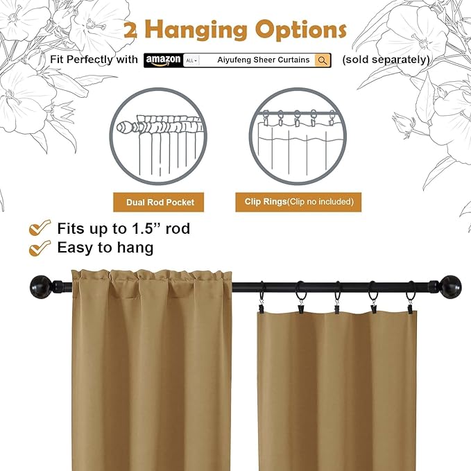 Aiyufeng Gold Blackout Curtains for Bedroom 72 Inch Length 2 Panels Set, Privacy Thermal Insulated Rod Pocket Door Window Curtains for Patio French Door Front Door, W40 x L72 Inch, Gold
