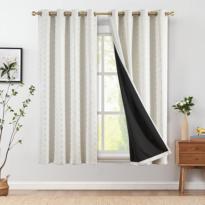 jinchan 95% Blackout Boho Curtains 72 Inches Long for Bedroom Living Room Golden Geometric Foil Printed Curtain Grommet Top Room Darkening Drapes Off White 52 x 72 2 Panels