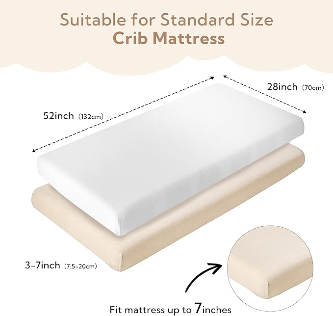 SOULFUL Muslin Crib Sheets for Boys Girls, 2 Pack Soft and Breathable Cotton Fitted Crib Sheets for Standard Crib Mattress (28"x 52", White & Beige)