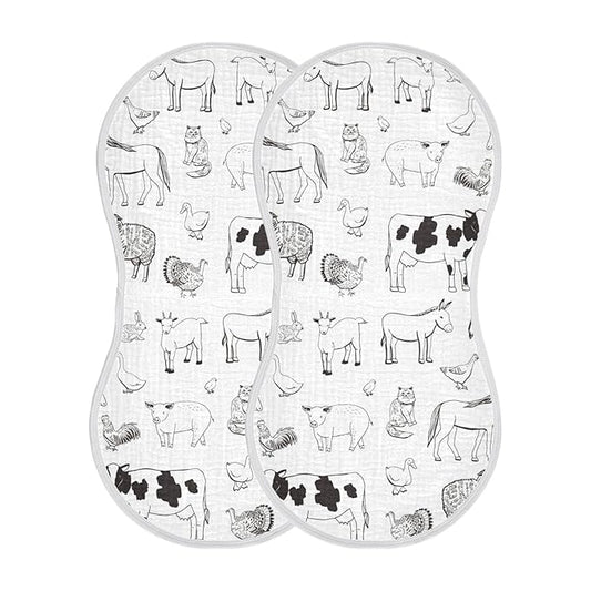 WELLDAY Muslin Baby Burp Cloths Set of 1, Soft Absorbent Farm Animals Muslin Washcloths, Bibs, Face Towel for Newborn Boys Girls, 22 x 11 Inch