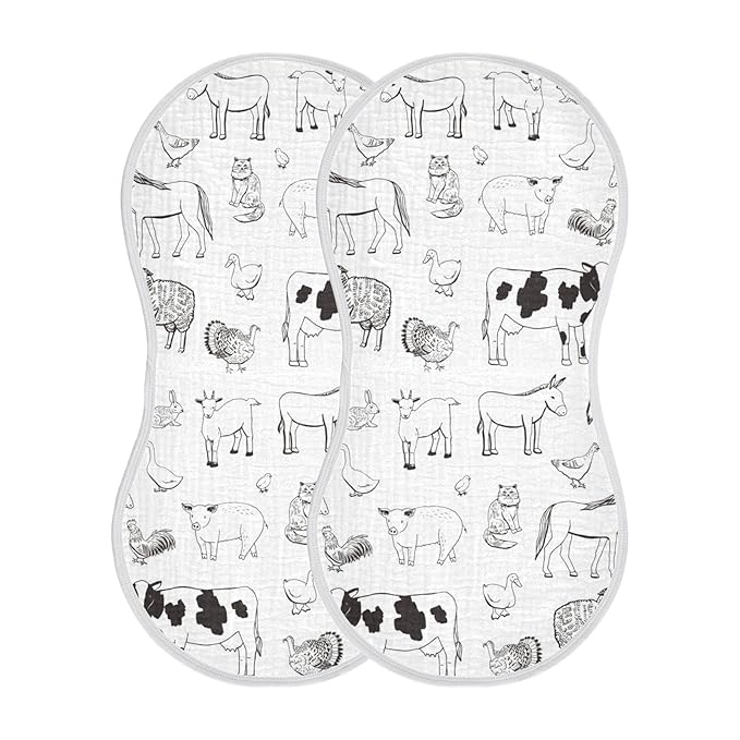 WELLDAY Muslin Baby Burp Cloths Set of 2, Soft Absorbent Farm Animals Muslin Washcloths, Bibs, Face Towel for Newborn Boys Girls, 22 x 11 Inch