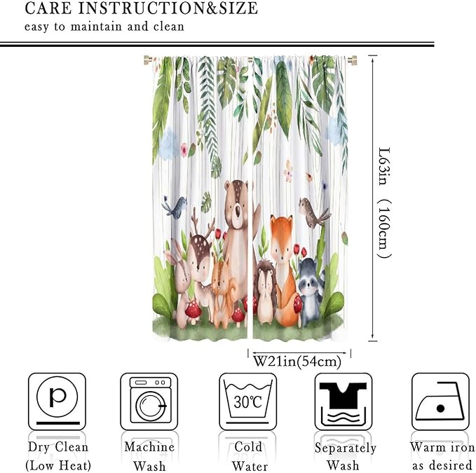 Forest Animal Curtains, Watercolor Wild Animal Bear Fox Deer Kids Window Treatments for Living Room Bedroom,Child Nursery Colorful Wildlife Jungle Forest Living Room Window Drapes Fabric,42x63Inch