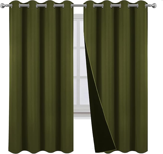 LEMOMO 100% Blackout Curtains 52 x 72 Inch Olive Green Curtains 2 Panels Darkening Thermal Insulated Bedroom Curtains