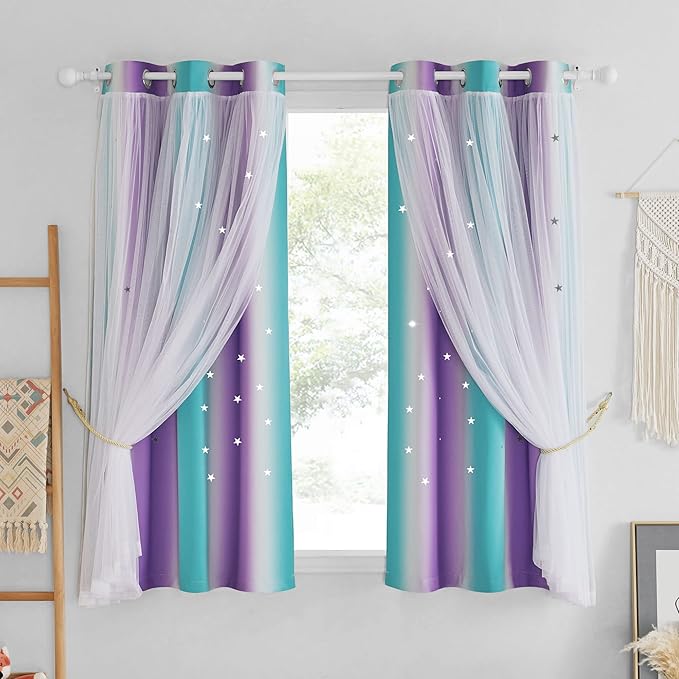 NICETOWN 2 Panels Stars Curtains Draperies for Kids Girls Bedroom Living Room Double Layers Blackout Rainbow Grommet Window Curtains Home Decor, Thermal Insulated 2 Panels,42x63 Inch, Teal & Purple