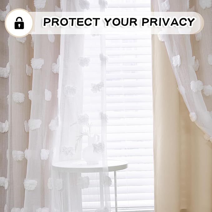 MYSKY HOME Beige Curtains for Living Room 95 Inches Long Nursery Curtains for Bedroom Double Layer Curtains White Pom Pom Sheer Curtains for Dining Room Grommet Room Darkening Window Panels W52 X L95