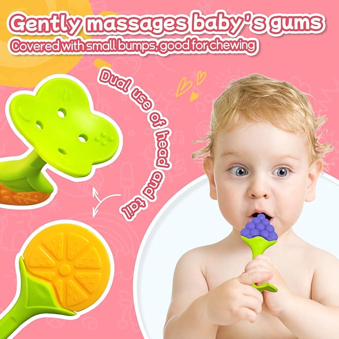 Baby Teething Toys (5 Pack) - Tinabless Infant Teething Keys&Silicone Teething Mitten Set for Babies Over 3 Months, Anti Dropping Baby Chew Toys for Sucking Needs, BPA Free(Coral Red)