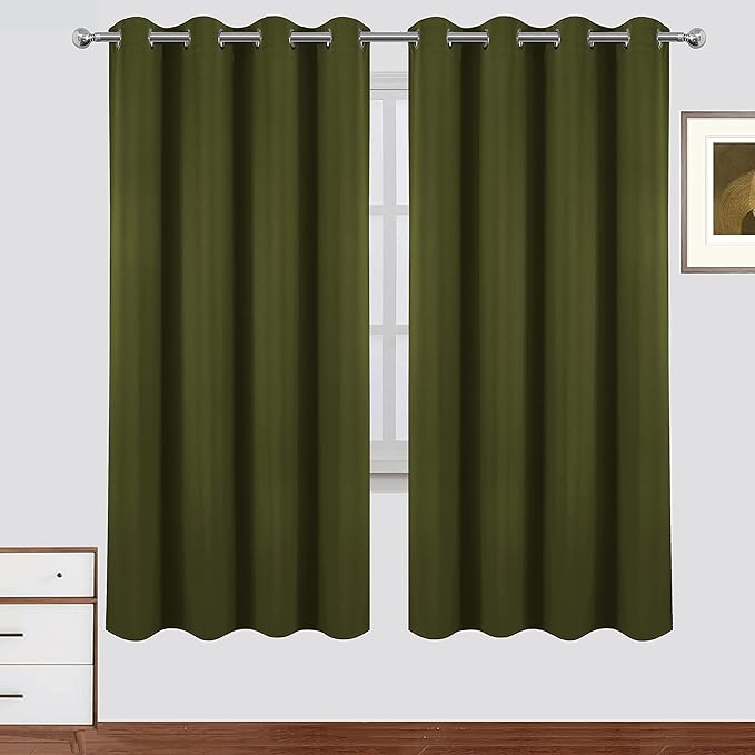 LEMOMO 100% Blackout Curtains 52 x 72 Inch Olive Green Curtains 2 Panels Darkening Thermal Insulated Bedroom Curtains