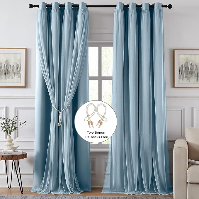 100% Blackout Curtains for Bedroom, Double Layer Blue Curtains, Black Out Curtain 63 inch Long with Sheer Overlay for Living Room, Room Darkening Window Drapes with Grommet, 52" W x 63" L