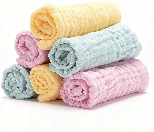 Bear Rocket Organic Muslin Baby Washcloths 6 Pack Baby Bath Face Towel 12x12 Inch Extra Absorbent and Soft Burp Cloth and Wash Cloths for Newborn-Infants On Sensitive Skin (Yellow Green Pink)