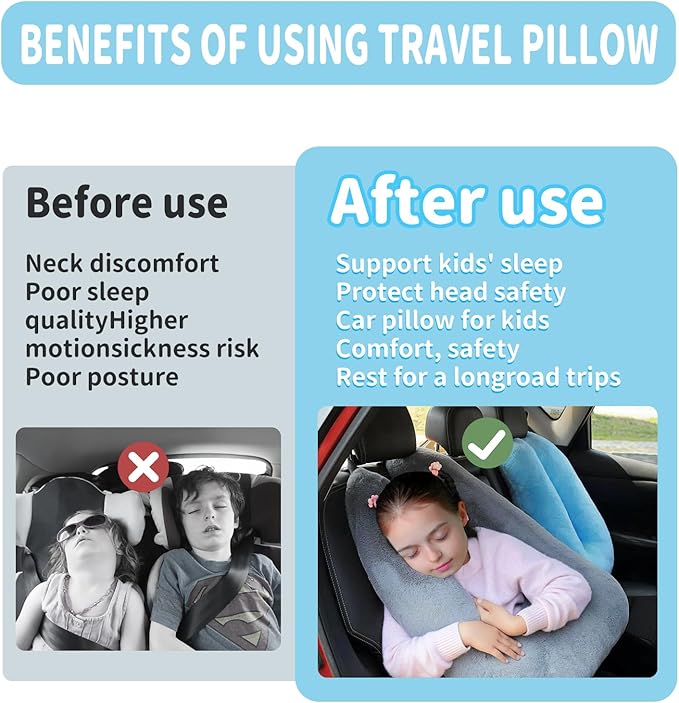 Travel Pillow, Car Pillow for Kids, Car Seat Pillow for Adults, Travel Pillow for Kids with Adjustable Strap, Support Head and Neck on Road Trips, Long Car Ride Essentials, Black