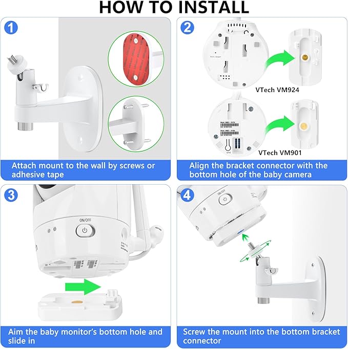 Adjustable Baby Monitor Wall Mount for VTech VM901/VM924/VM923/VM928, Full-Range View and Easy Installation Without Drilling