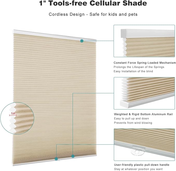 Changshade Cordless & Light Filtering Cellular Shade, Tools-Free Pleated Honeycomb Shade, Light Blocking Window Shade and Blind, 36 inches Wide, Beige CEL36BG72B