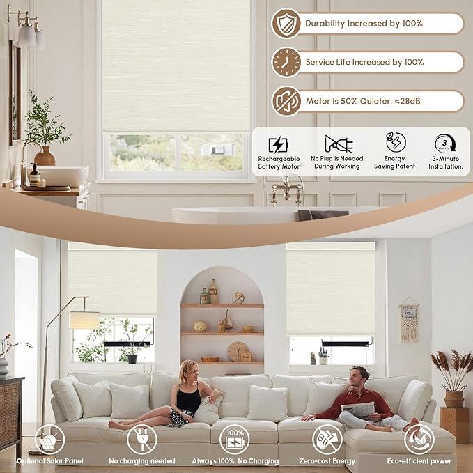 Kincmo No Drill Motorized Blinds with Remote, 100% Blackout Roller Shades for Windows, Custom Electric Blinds Compatible with Alexa, Apple Homekit, Google Home (100% Blackout Dreamy Warm)