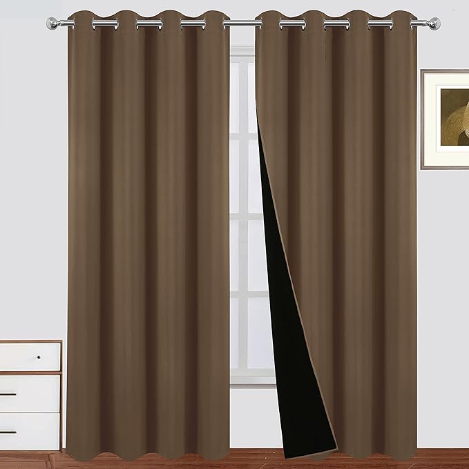 LEMOMO 100% Blackout Curtains 52 x 95 Inch Cappuccino Curtains 2 Panels Darkening Thermal Insulated Bedroom Curtains