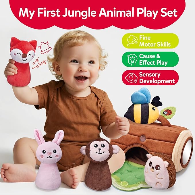 Baby Toys 6-12 Months - Soft Plush Jungle Stuffed Animal Sensory Set with Rattle, Squeaker & Mirror, Montessori Cause & Effect Toys, Newborn Gift for Baby Boys and Girls