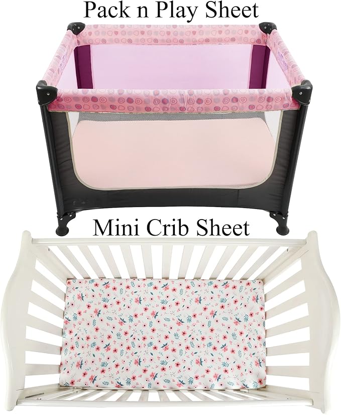Pack n Play Sheet Stretchy Fitted Portable Mini Crib Sheets Set 3 Pack,Playard Sheets Convertible Playard Mattress Cover,Ultra Soft Jersey Material,Floral,Grey Rabbit & Pink