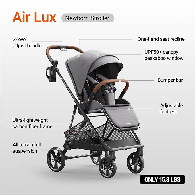 MAMAZING Air Lux Baby Stroller with Bassinet from Newborn to 50 lbs, Strength Carbon Fiber Frame Only 15.8lbs, Bassinet Stroller Included Reversible Seat, Car Seat Adapter & Large Storage Basket