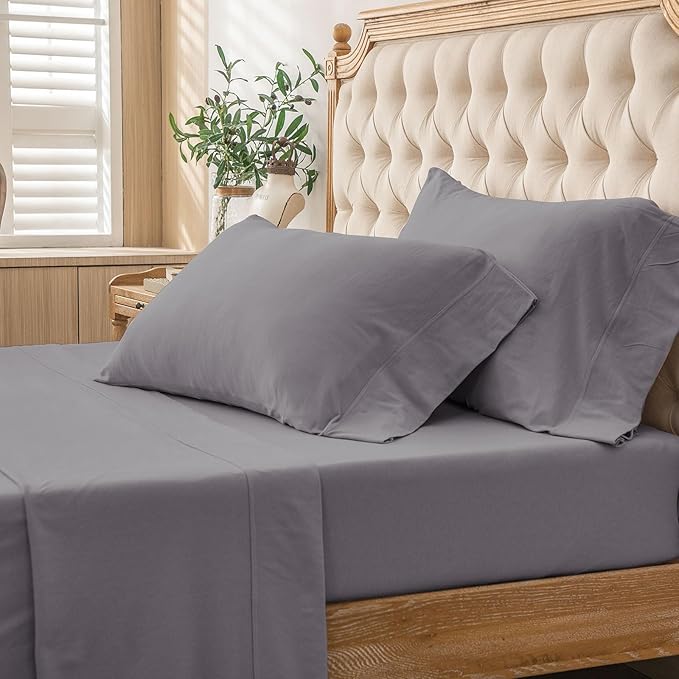 PURE ERA Jersey Knit 4pc Bed Sheet Set 100% T-Shirt Cotton Super Soft Comfy Breathable Fits Mattress Up to 20" Extra Deep Pocket (Solid Grey Purple, Queen)