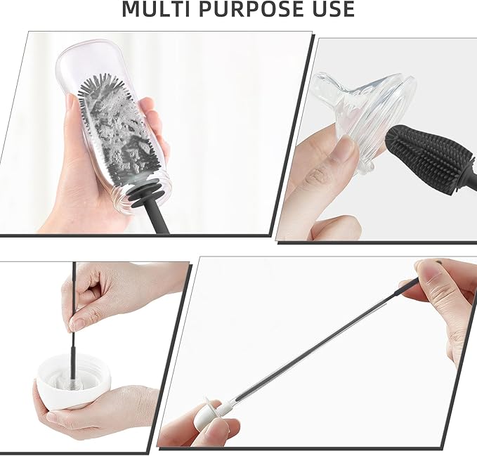 Silicone Bottle Brush and Straw Cleaner Set,Water Bottle Brush Double-Headed,Straw Brush Silicone,Bottle Cleaner Brush for Thermoses and Sports/Water Bottles/Dish/Cup (Black-Grey)