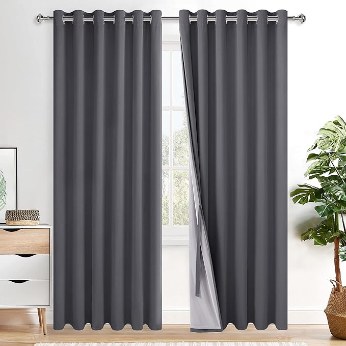 XWZO Dark Grey Blackout Curtains 84 Inches Long with Tiebacks- Full Light Blocking & Energy Efficiency Window Draperies Grommet Top with Black Liner for Bedroom/Living Room, W70 x L84, Set of 2